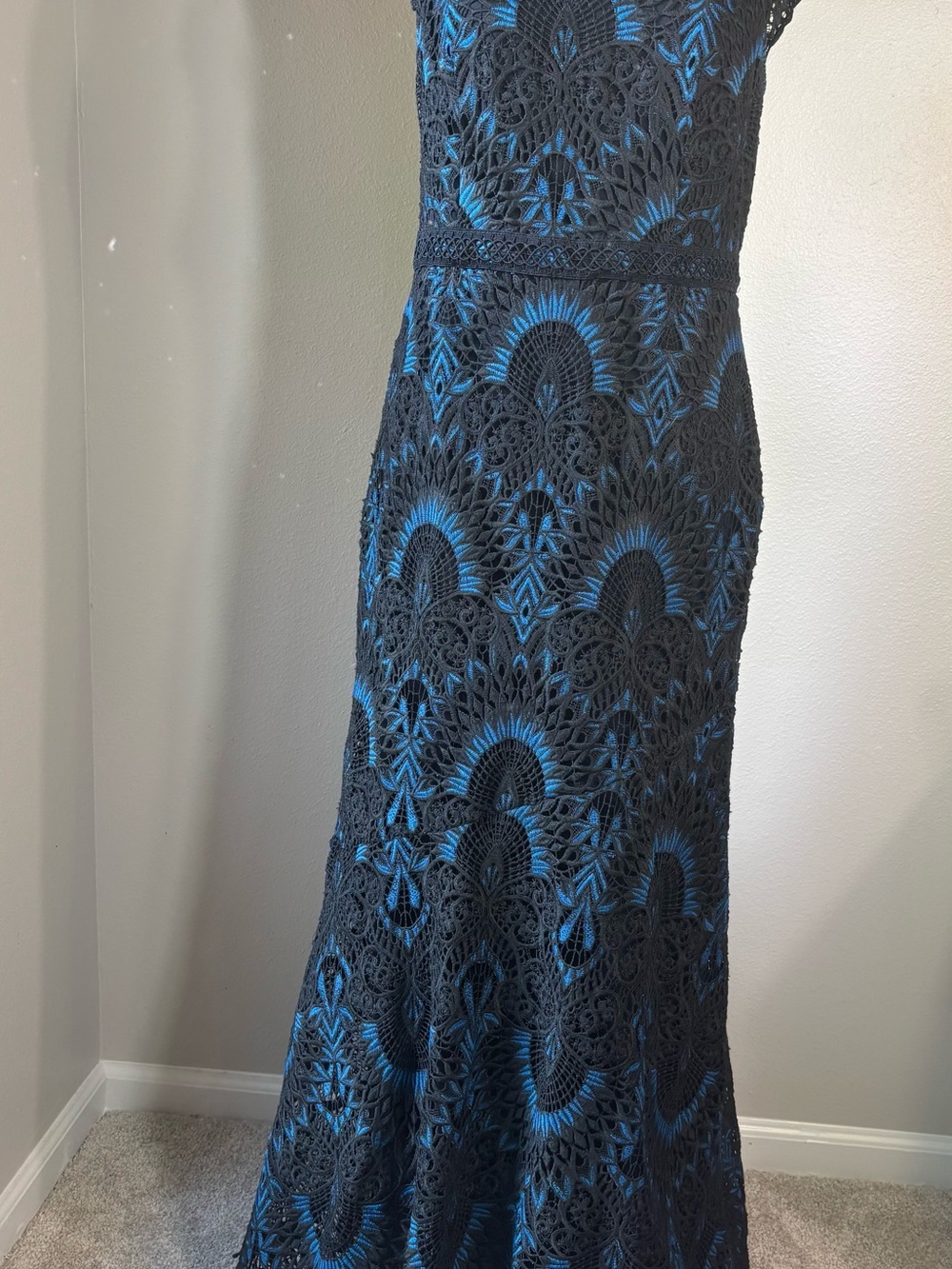Shoshanna Black Lace Maxi Dress with Blue Underlay